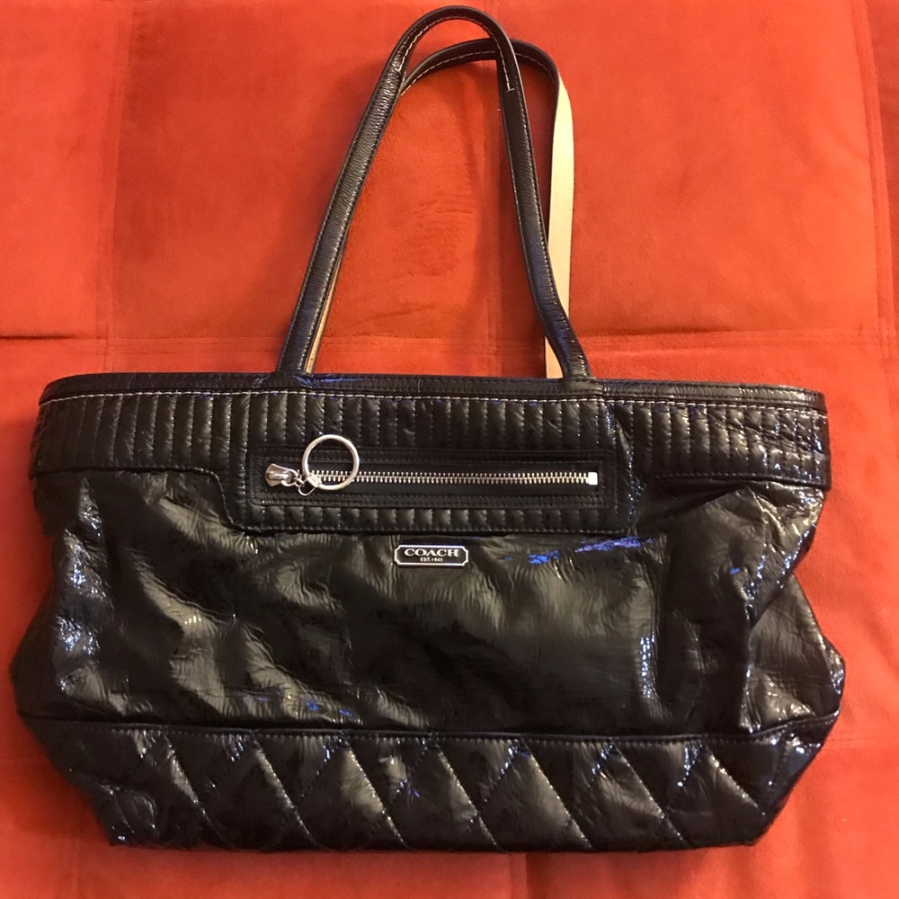 Coach black quilted patent leather tote